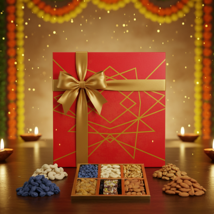 Red gift box with gold bow on a table with assorted dry fruits, against a festive background.