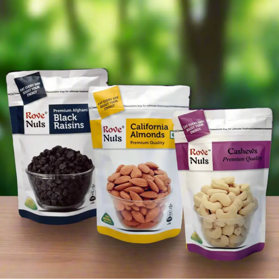 Rove Dry Fruit Combo – Premium Almonds (100g), Black Raisins (100g) & Cashews (100g) - Lion Dates