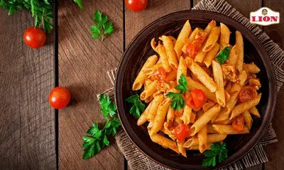 Honey Roasted Cherry Tomato Pasta with Kale and Lemon Sauce with Lion Kashmir Honey