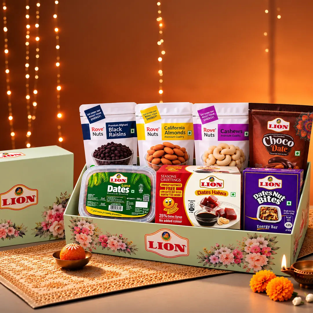 Lion Dates Premium Gift Box | Dates, Dry Fruits, Bites, Chocodates & Halwa | Diwali Special | Combo 1
