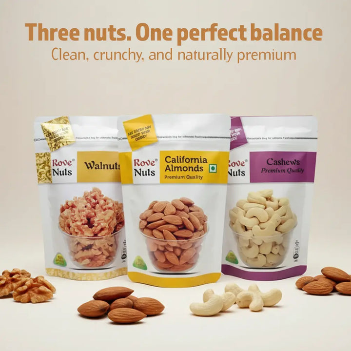 Three packages of Rove Nuts with walnuts, almonds, and cashews on a beige background, featuring the Lion brand.