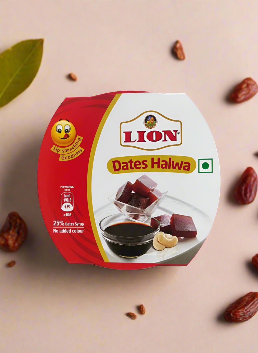 Packaging of Lion Dates Halwa with a red and white design on a white background