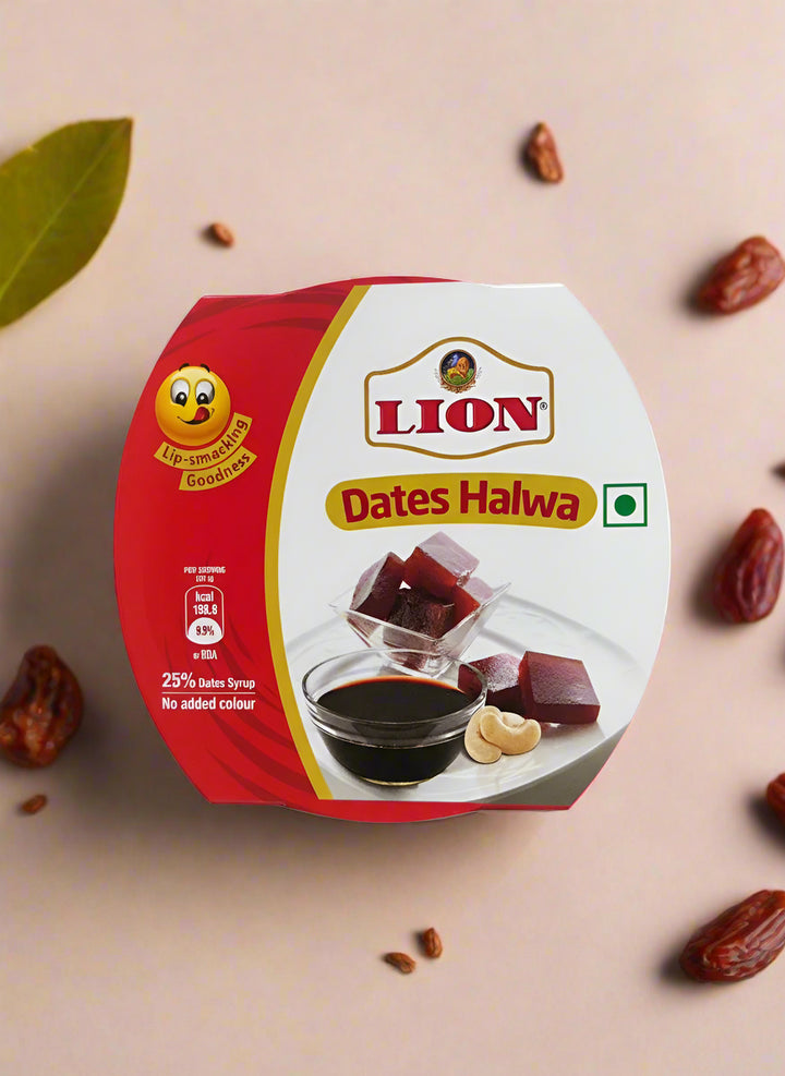 Packaging of Lion Dates Halwa with a red and white design on a white background