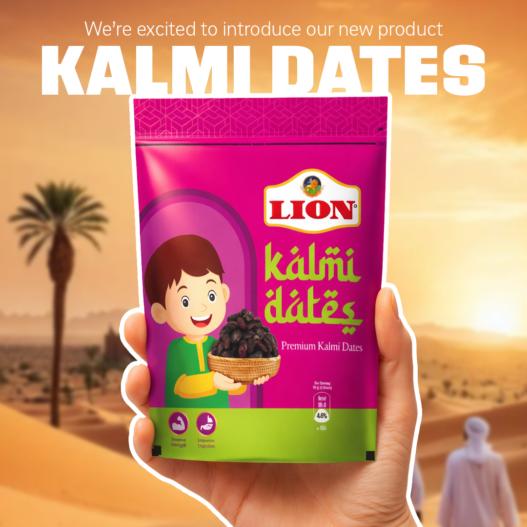 Promotional image of Lion Kalmi Dates packaging with desert background